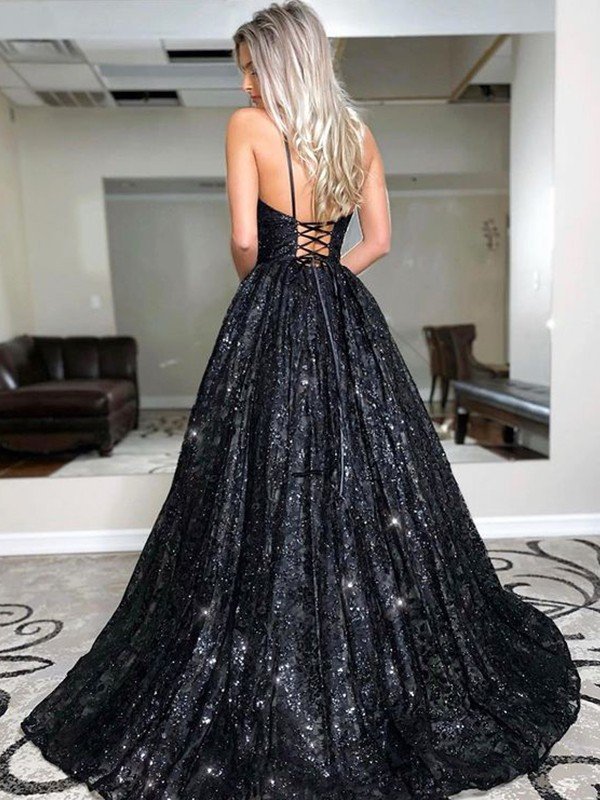Vestidos de fiesta de lentejuelas sin mangas con escote en V elegante/corte en A