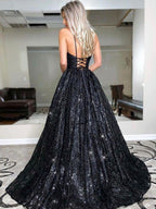 Vestidos de fiesta de lentejuelas sin mangas con escote en V elegante/corte en A