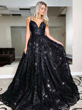 Vestidos de fiesta de lentejuelas sin mangas con escote en V elegante/corte en A