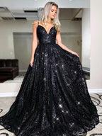 Vestidos de fiesta de lentejuelas sin mangas con escote en V elegante/corte en A