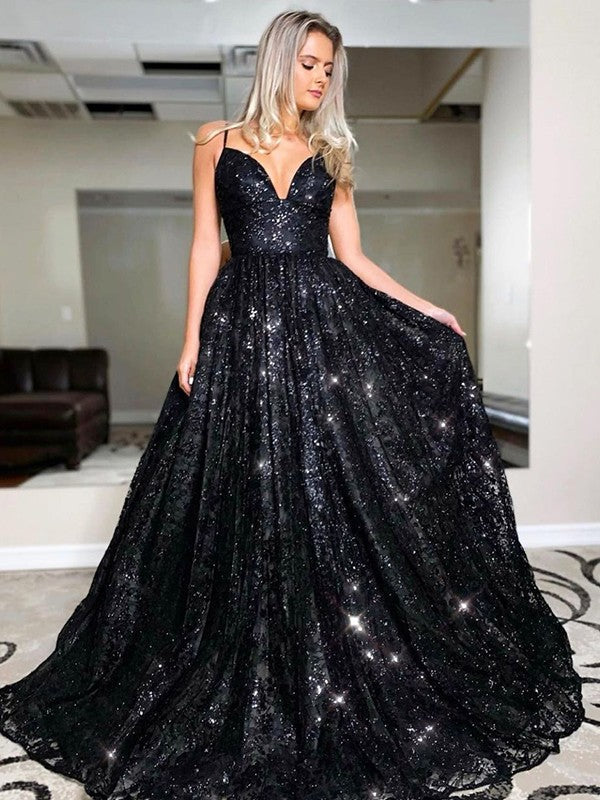 Vestidos de fiesta de lentejuelas sin mangas con escote en V elegante/corte en A