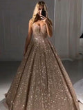 Vestidos de graduación sin mangas, de corte línea A/elegante, con escote en V, lentejuelas y volantes hasta el suelo