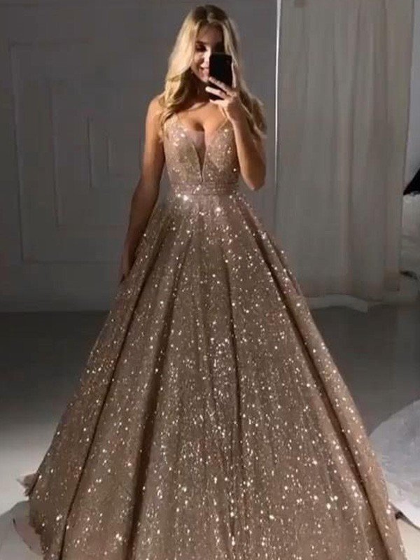 Vestidos de graduación sin mangas, de corte línea A/elegante, con escote en V, lentejuelas y volantes hasta el suelo