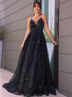 Vestidos de fiesta de lentejuelas sin mangas con escote en V elegante/corte en A