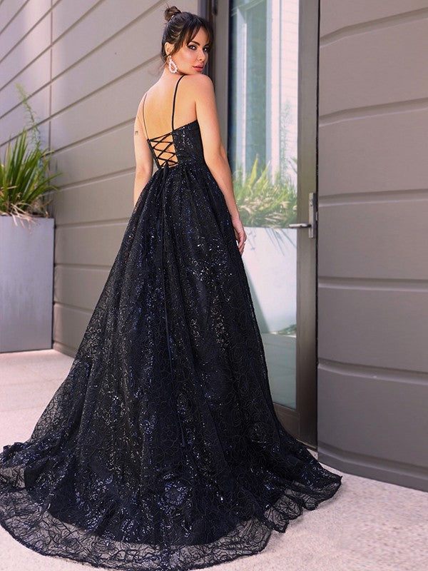Vestidos de fiesta de lentejuelas sin mangas con escote en V elegante/corte en A
