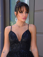 Vestidos de fiesta de lentejuelas sin mangas con escote en V elegante/corte en A