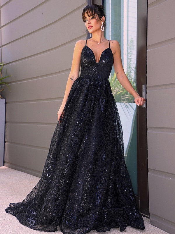 Vestidos de fiesta de lentejuelas sin mangas con escote en V elegante/corte en A