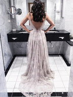 Vestidos de fiesta de corte A/elegantes con escote en V, sin mangas, con apliques de encaje.