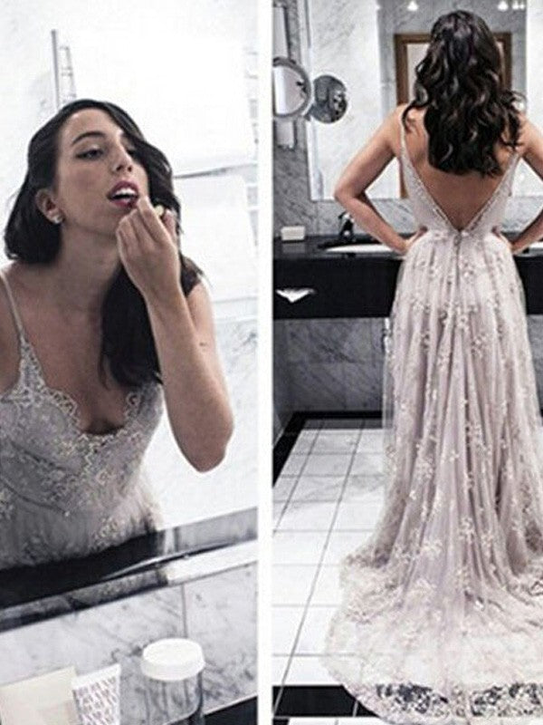 Vestidos de fiesta de corte A/elegantes con escote en V, sin mangas, con apliques de encaje.