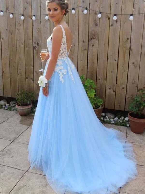 Vestidos de fiesta de corte A/elegante con escote en V, sin mangas y apliques de tul