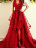Vestidos de fiesta de organza asimétricos sin mangas con escote en V elegante y corte en A