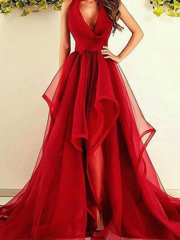 Vestidos de fiesta de organza asimétricos sin mangas con escote en V elegante y corte en A