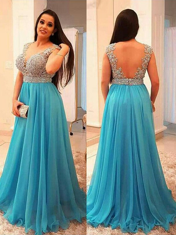 Vestidos de graduación de talla grande, corte en A/elegante, sin mangas, con cuentas, largos hasta el suelo, de gasa, con escote en V y corte asimétrico.
