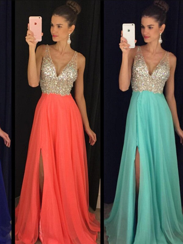 Vestidos de graduación de gasa hasta el suelo, corte en A/elegante, sin mangas, con escote en V y pedrería.