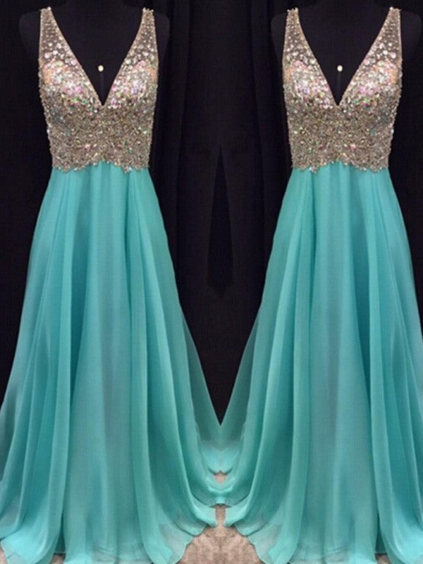 Vestidos de graduación de gasa hasta el suelo, corte en A/elegante, sin mangas, con escote en V y pedrería.