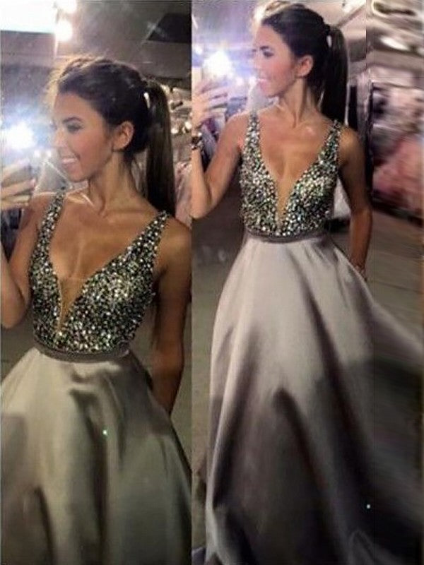 Vestidos de graduación de satén con escote en V, sin mangas, corte en A/elegante, con cuentas y sin mangas