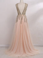 Vestidos de fiesta de tul con cuentas, sin mangas, corte en A/elegante escote en V