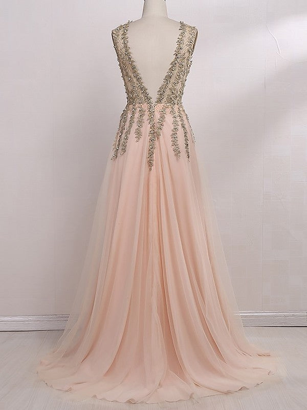 Vestidos de fiesta de tul con cuentas, sin mangas, corte en A/elegante escote en V