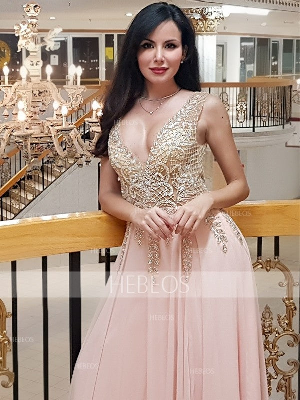 Vestidos de fiesta de tul con cuentas, sin mangas, corte en A/elegante escote en V