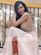 Vestidos de fiesta de tul con cuentas, sin mangas, corte en A/elegante escote en V