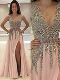 Vestidos de fiesta de tul con cuentas, sin mangas, corte en A/elegante escote en V