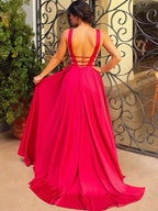 Vestidos de fiesta de satén elástico sin mangas, corte en A/elegante, con escote en V y sin mangas.