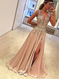 Vestidos de graduación de corte A/elegante, sin mangas, con escote en V, largos hasta el suelo, con apliques de satén tipo seda.
