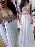 Vestidos de graduación de gasa con cuentas, corte en A/elegante, sin mangas, con escote en V y largo hasta el suelo.