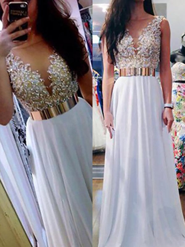 Vestidos de graduación de gasa con cuentas, corte en A/elegante, sin mangas, con escote en V y largo hasta el suelo.