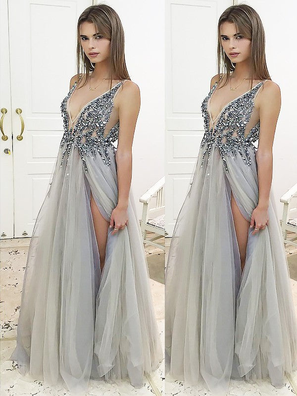 Vestidos de graduación de tul con cuentas, sin mangas, corte en A/elegante, escote en V, hasta el suelo
