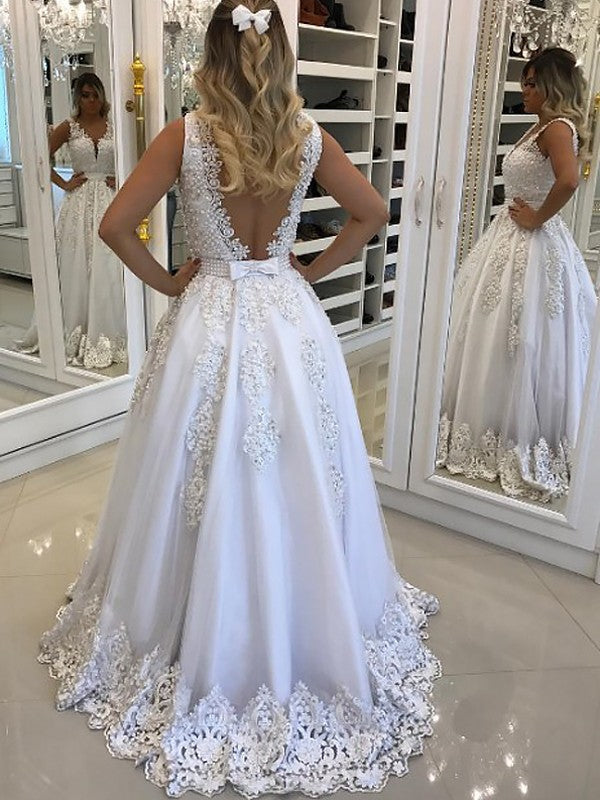 Vestidos de graduación de corte A/elegantes, sin mangas, con escote en V, de encaje y tul hasta el suelo.