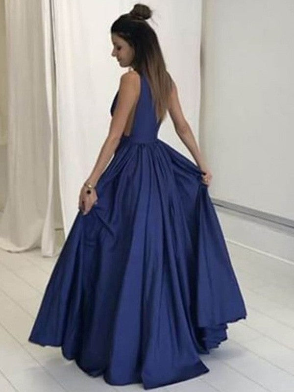 Vestidos de graduación de tafetán sin mangas, corte en A/elegante, con escote en V y largo hasta el suelo.