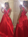 Vestidos de fiesta de satén sin mangas, corte en A/elegante, con escote en V