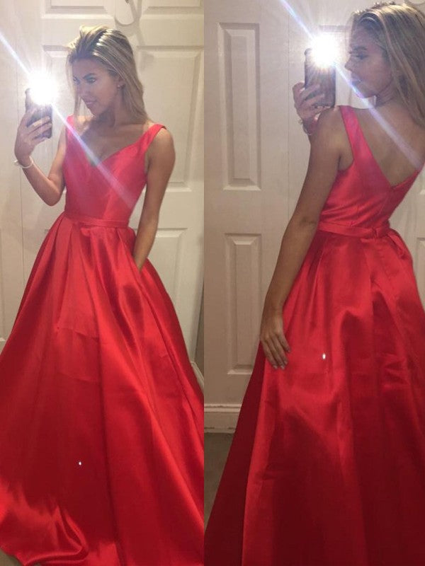 Vestidos de fiesta de satén sin mangas, corte en A/elegante, con escote en V