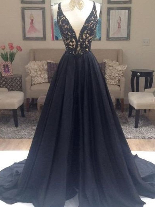 Vestidos de graduación de tafetán sin mangas, corte en A/elegante, con escote en V