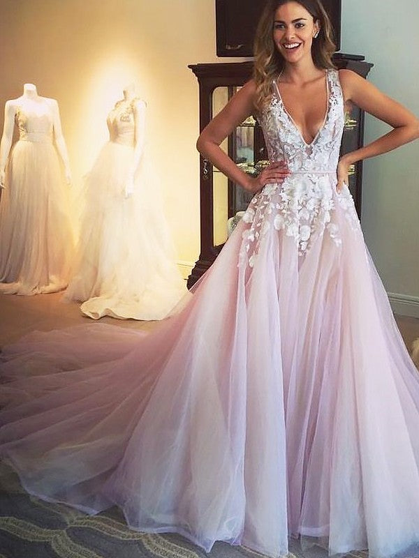 Vestidos de fiesta de corte A/elegantes con escote en V, sin mangas, de tul y con apliques