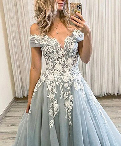 A-Line Tulle Applique Off-the-Shoulder Sleeveless Sweep/Brush Train Dresses