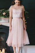 Vestido de dos piezas corte princesa/línea A, tul, manga corta, escote redondo, largo té PD412