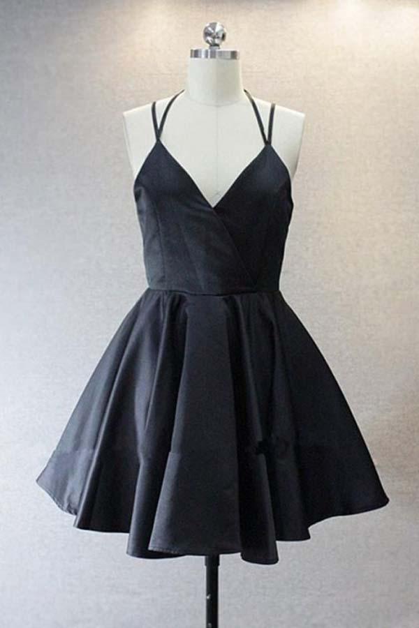 Vestido corto negro de satén con escote en V para baile de graduación o fiesta de bienvenida PD156