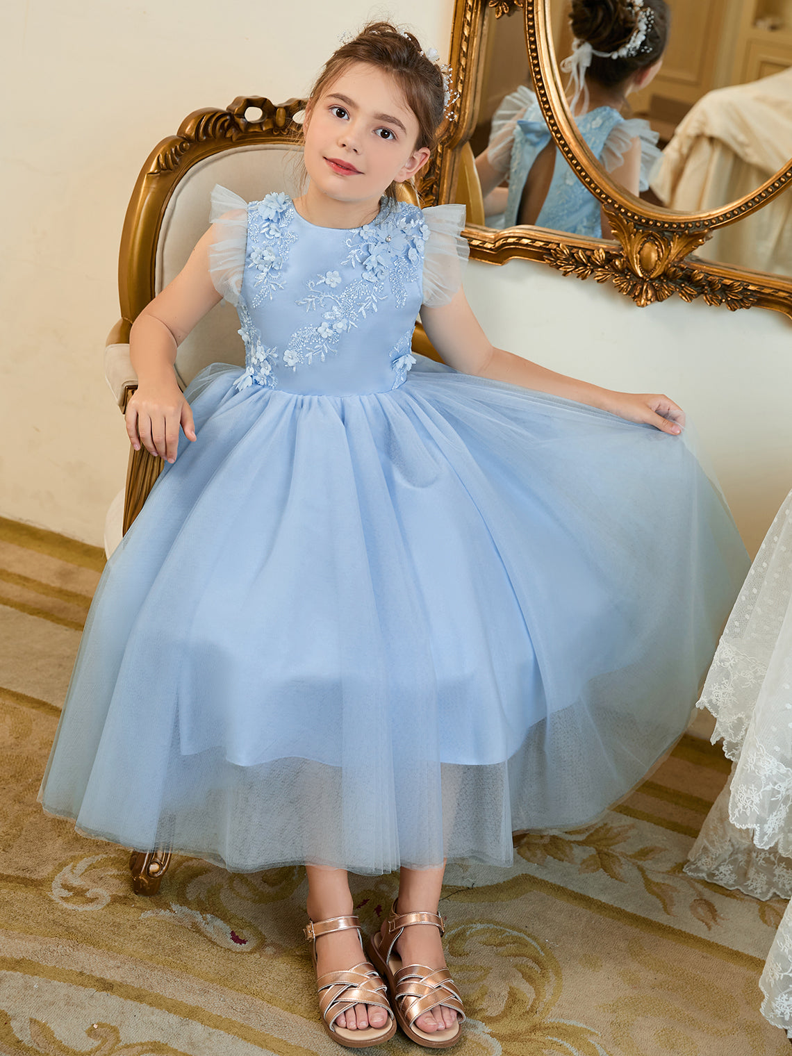 Vestido de baile/princesa de satén y tul azul hasta la rodilla (2003225970) 