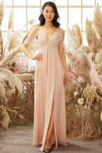 Vestido de dama de honor rosa con hombros descubiertos y corte en A