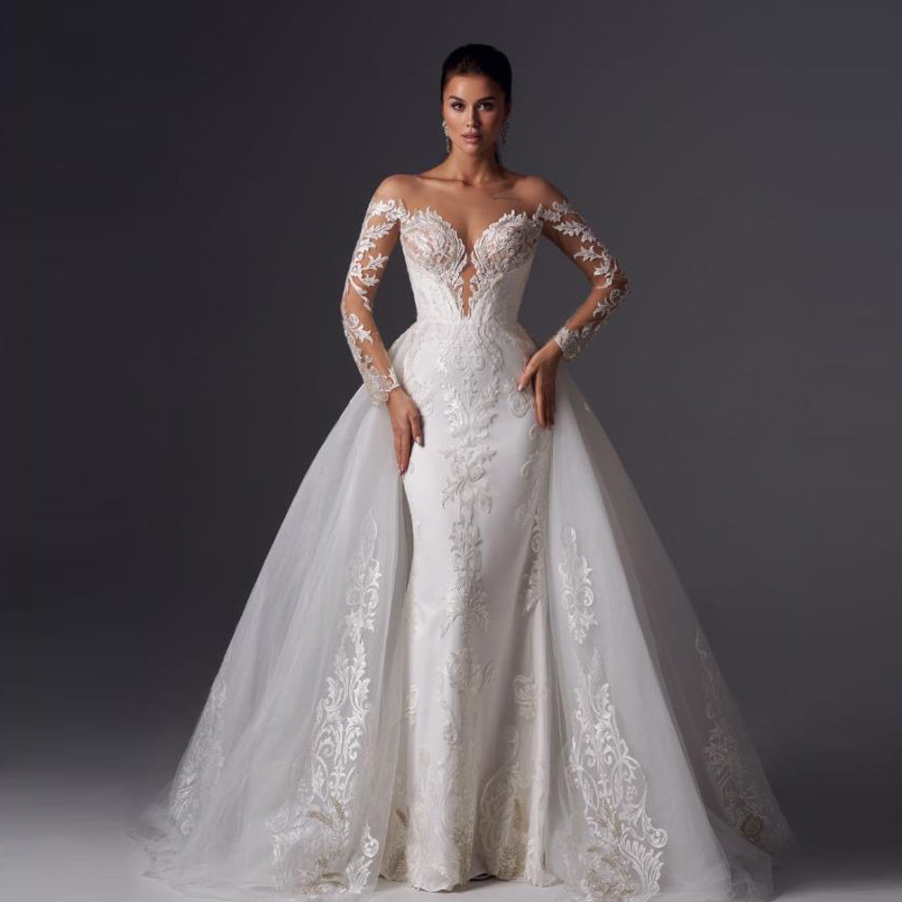 Loverxu Mermaid Vintage Wedding Dresses 2023 Sweetheart Long Sleeve Vestido De Novia Appliques Detachable Train Robe De Mariee