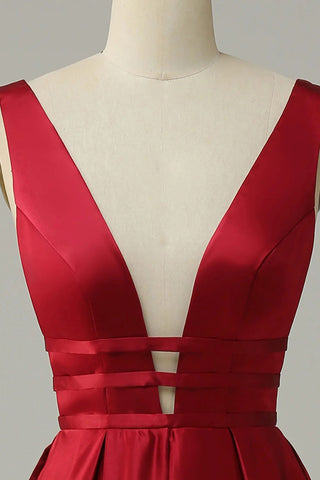 A Line Deep V Neck Red Long Prom Dress with Backless