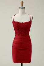 Hot Selling Bodycon Spaghetti Straps Dark Green Short Homecoming Dress with Appliques