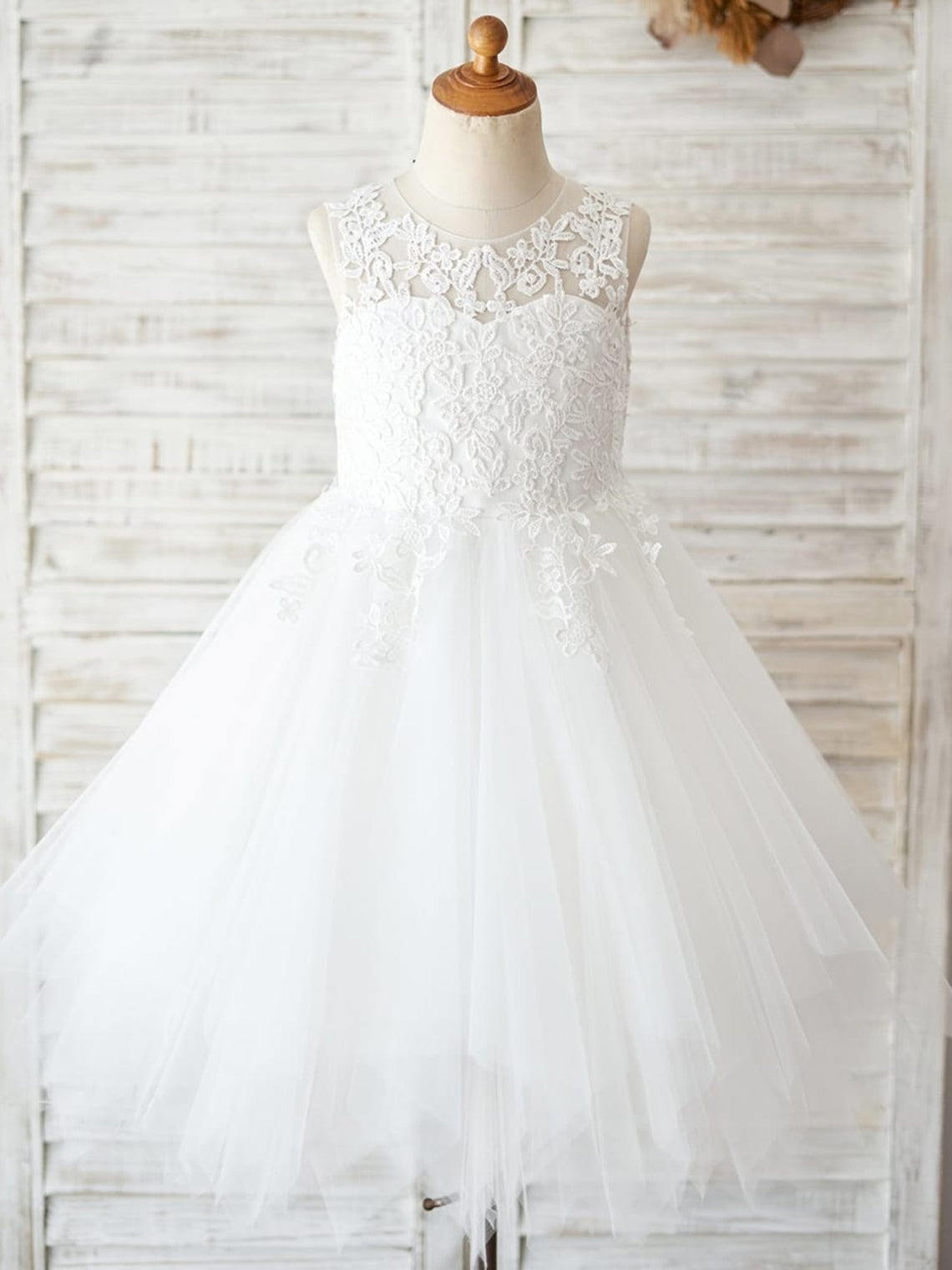Vestido de niña de las flores para la Primera Comunión, corte en A, de tul hasta la rodilla 