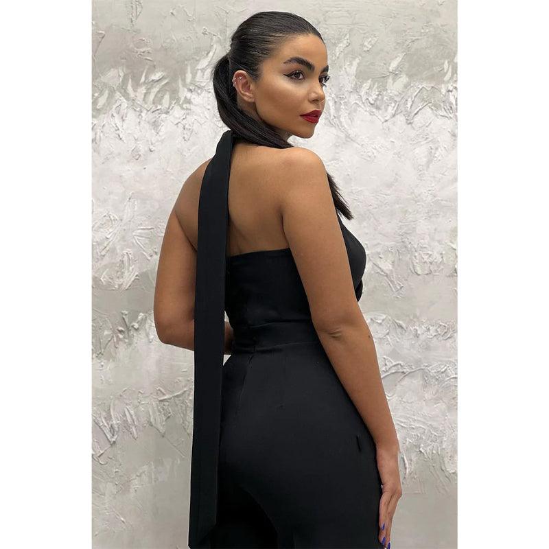 Trajes formales de pantalón con escote halter cruzado y corte tubo, vestido de fiesta formal negro 