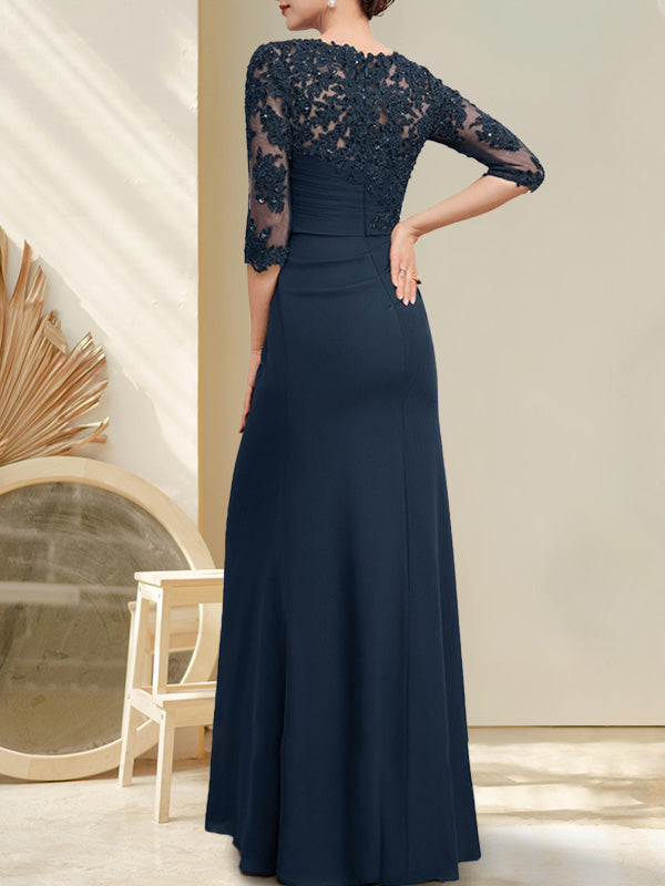 Robe de mariée trapèze en mousseline de soie et dentelle, longue jusqu'au sol, ornée de perles et de sequins plissés, idéale pour la mère de la mariée.