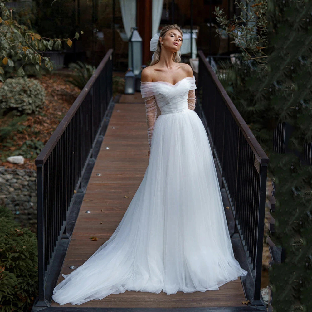 Simple Tulle Long Sleevees Wedding Dresses 2023 For Bridal Off Shoulder Backless A-Line Sweep Train Boho Vestido De Novia