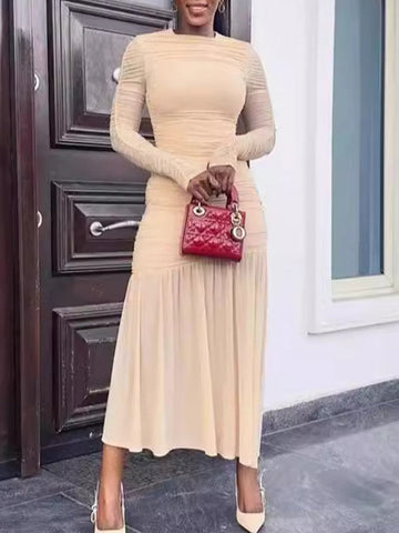 Vestidos largos de noche ajustados, plisados, transparentes, de color liso, con abertura en la entrepierna y cuello redondo. 