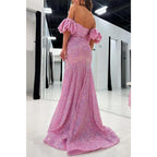 Vestido de noche para fiesta de graduación con hombros descubiertos, mangas abullonadas y cuentas, abertura lateral 